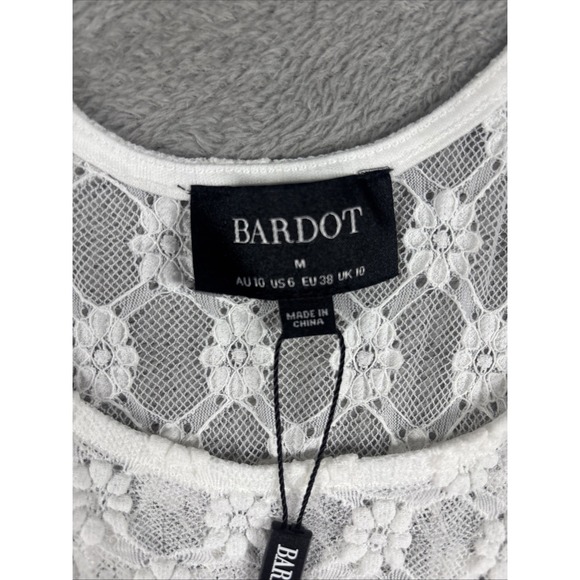 BARDOT Top White Lace Floral Sheer Bodysuit Snap Button Mock Neck Women M NWT - Picture 2 of 12